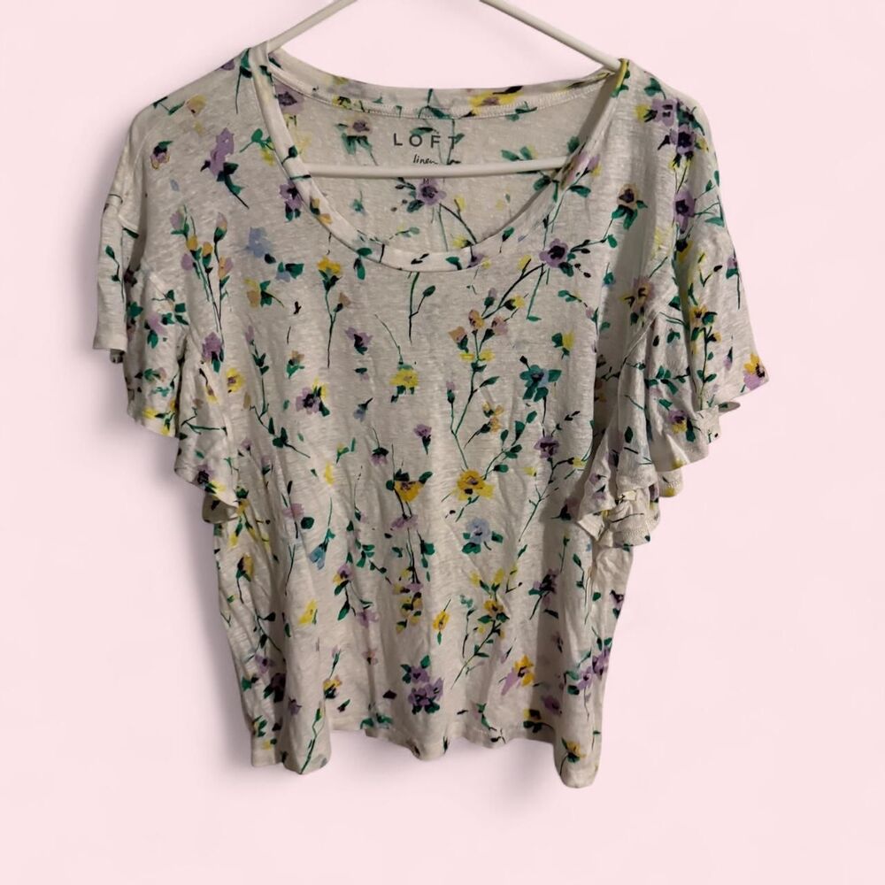 LOFT Blouse Women M White Floral Linen Ruffle Sleeve Summer Tee